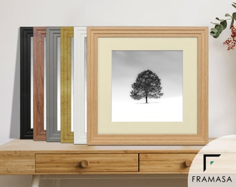 Square Size Photo Frames / Handmade Wooden Effect Picture Frames / Wall Decor Frames / Step Style Poster Frame With Ivory Mount