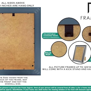 Back view of Rectangle photo frame showing adjustable hanging hook, solid MDF backing, clips, and strong table stand, illustrating kickstand and hanging options for picture frames up to 12x10 inches, with clear size measurement guide for poster frame or picture frame setup