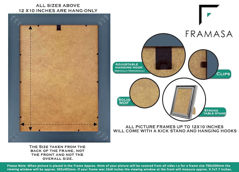 Back view of Rectangle photo frame showing adjustable hanging hook, solid MDF backing, clips, and strong table stand, illustrating kickstand and hanging options for picture frames up to 12x10 inches, with clear size measurement guide for poster frame or picture frame setup