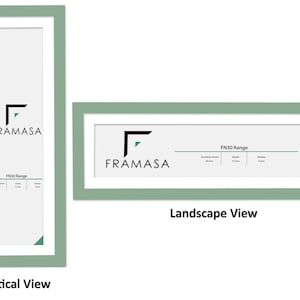 Panoramic Green flat wooden photo frame With White Matt on a white background, handcrafted in the UK. Versatile picture frame and poster frame suitable for landscape or portrait display, ideal for Panoramic photos and modern home decor wall art