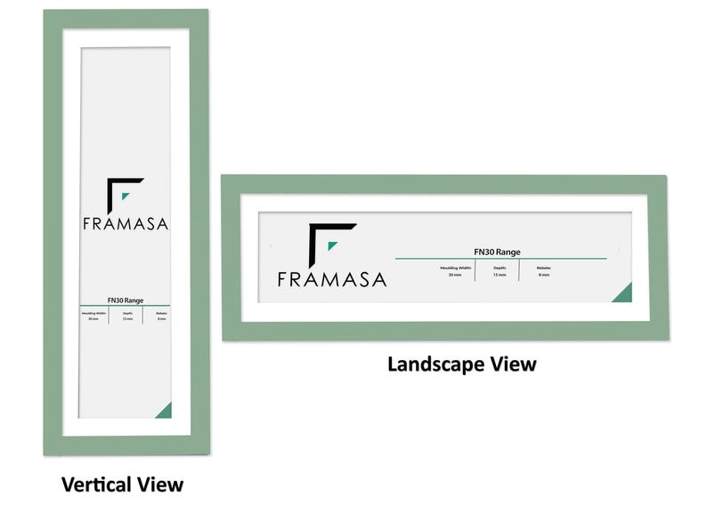 Panoramic Green flat wooden photo frame With White Matt on a white background, handcrafted in the UK. Versatile picture frame and poster frame suitable for landscape or portrait display, ideal for Panoramic photos and modern home decor wall art