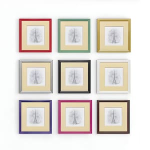 May include: Nine square picture frames with various coloured borders, including red, green, gold, silver, black, white, purple, pink, and brown. Each frame contains a drawing of the Eiffel Tower with a cream-coloured mount.