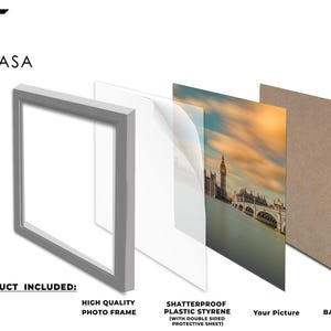 An exploded view diagram of a photo frame showing its components: a high-quality frame, a shatterproof plastic styrene sheet with double-sided protective film, a sample picture, and a sturdy MDF backing board.