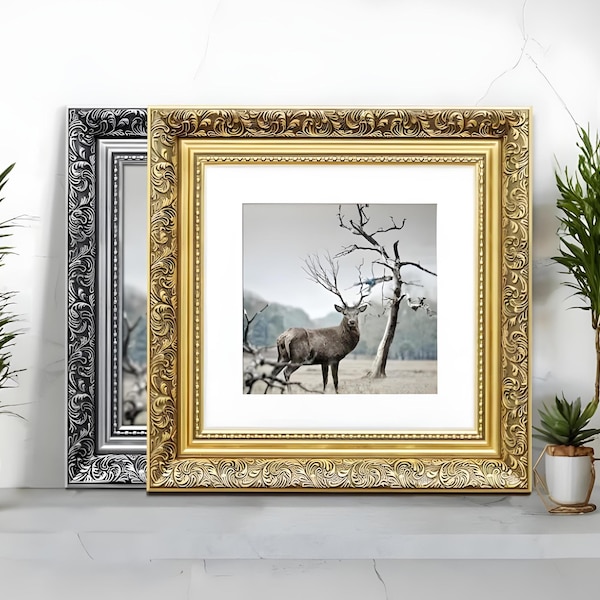 Marco de fotos dorado ornamentado hecho a mano, decoración de pared, incluye paspartú.