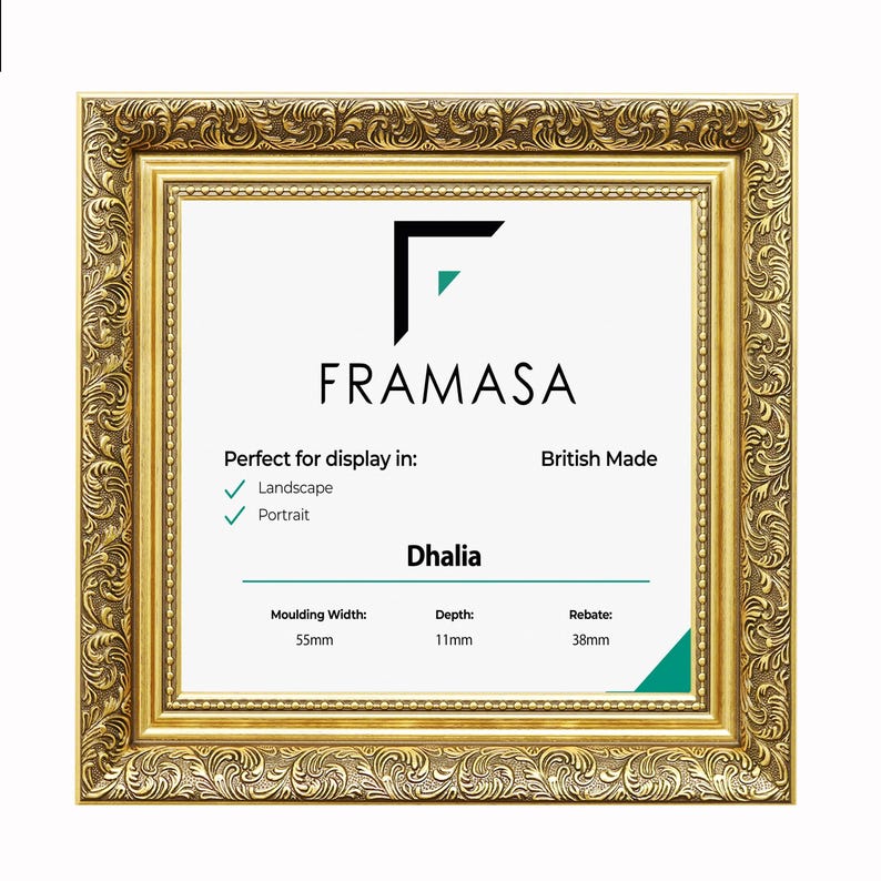 Ornate gold square picture frame with intricate vintage detailing, ideal as a poster frame, photo frame, or wall art frame. British made design perfect for home decor, office decor, gallery wall displays, landscape or portrait prints, adding a classic elegant touch to any space