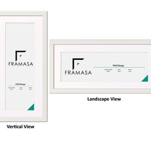 Panoramic White flat wooden photo frame With White Matt on a white background, handcrafted in the UK. Versatile picture frame and poster frame suitable for landscape or portrait display, ideal for Panoramic photos and modern home decor wall art