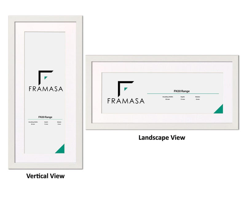 Panoramic White flat wooden photo frame With White Matt on a white background, handcrafted in the UK. Versatile picture frame and poster frame suitable for landscape or portrait display, ideal for Panoramic photos and modern home decor wall art