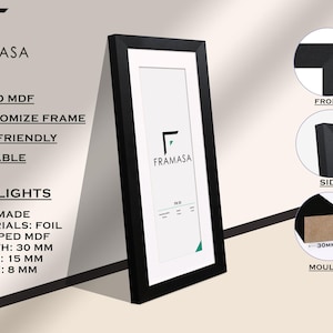 Side view of panoramic black flat wooden photo frame with white matt & close-up diagrams showing front, side, and molding dimensions. Highlighted features include solid MDF construction, handmade in the UK, and eco-friendly materials,