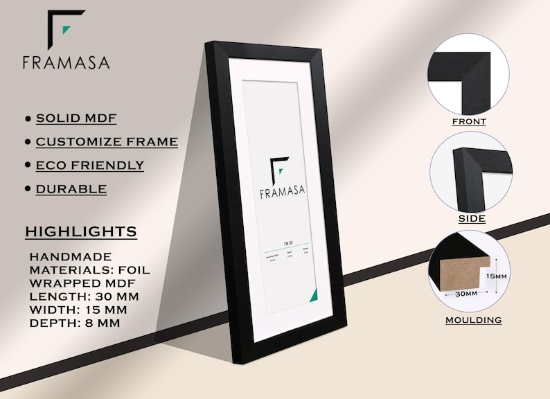 Side view of panoramic black flat wooden photo frame with white matt & close-up diagrams showing front, side, and molding dimensions. Highlighted features include solid MDF construction, handmade in the UK, and eco-friendly materials,