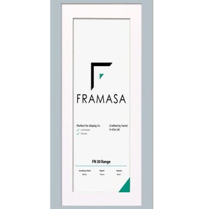 Panoramic Light Grey flat wooden photo frame With White Matt on a white background, handcrafted in the UK. Versatile picture frame and poster frame suitable for landscape or portrait display, ideal for Panoramic photos and modern home decor wall art