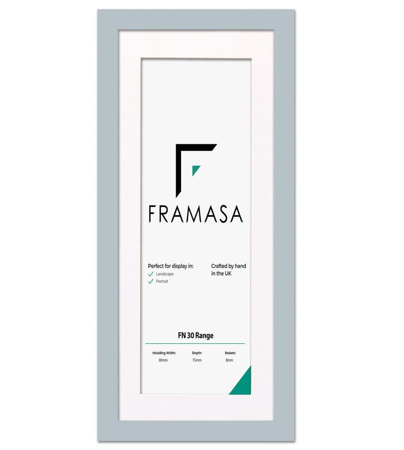 Panoramic Light Grey flat wooden photo frame With White Matt on a white background, handcrafted in the UK. Versatile picture frame and poster frame suitable for landscape or portrait display, ideal for Panoramic photos and modern home decor wall art