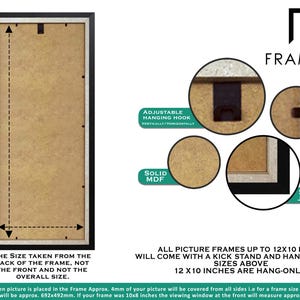 Back view of Panoramic photo frame showing adjustable hanging hook, solid MDF backing, clips, and strong table stand, illustrating kickstand and hanging options for picture frames up to 12x10 inches, with clear size measurement guide for poster frame or picture frame setup