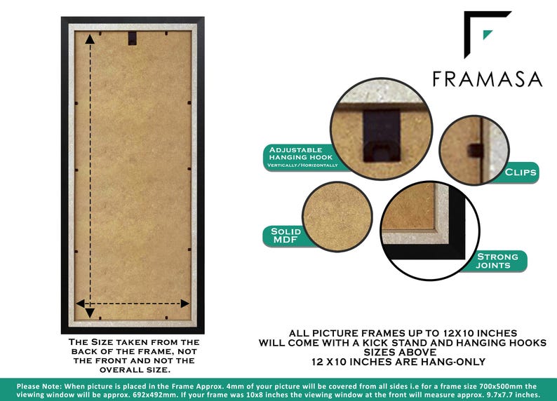 Back view of Panoramic photo frame showing adjustable hanging hook, solid MDF backing, clips, and strong table stand, illustrating kickstand and hanging options for picture frames up to 12x10 inches, with clear size measurement guide for poster frame or picture frame setup