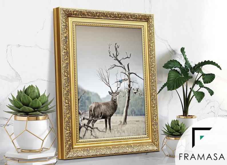 Ornate gold picture frame featuring sideview on light grey surface, styled as elegant home decor. Decorative traditional poster frame and photo frame with intricate vintage detailing, perfect for living room decor, office decor, farmhouse decor, and classic gallery wall display