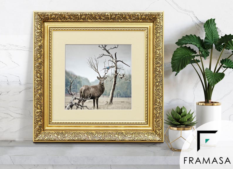 Traditional Ornate gold square picture frame with ivory mount & vintage detailing displaying wildlife wall art on light grey surface, styled as elegant home decor. perfect for living room decor, office decor, farmhouse decor, and classic gallery wall styling