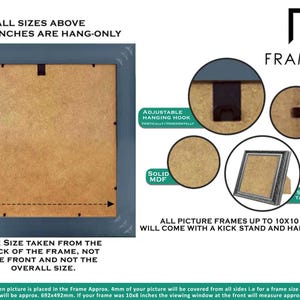 Back view of Square photo frame showing adjustable hanging hook, solid MDF backing, clips, and strong table stand, illustrating kickstand and hanging options for picture frames up to 10x10 inches, with clear size measurement guide for poster frame or picture frame setup