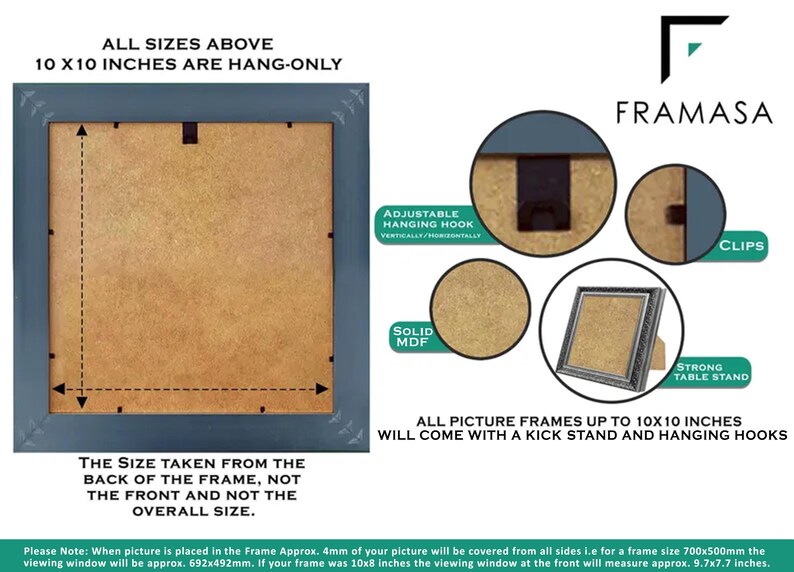 Back view of Square photo frame showing adjustable hanging hook, solid MDF backing, clips, and strong table stand, illustrating kickstand and hanging options for picture frames up to 10x10 inches, with clear size measurement guide for poster frame or picture frame setup