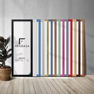 May include: A collection of rectangular picture frames arranged in a row, featuring a variety of colours including black, white, blue, silver, gold, green, red, and wood tones. The first frame displays the text FRAMASA and FN30 Range.
