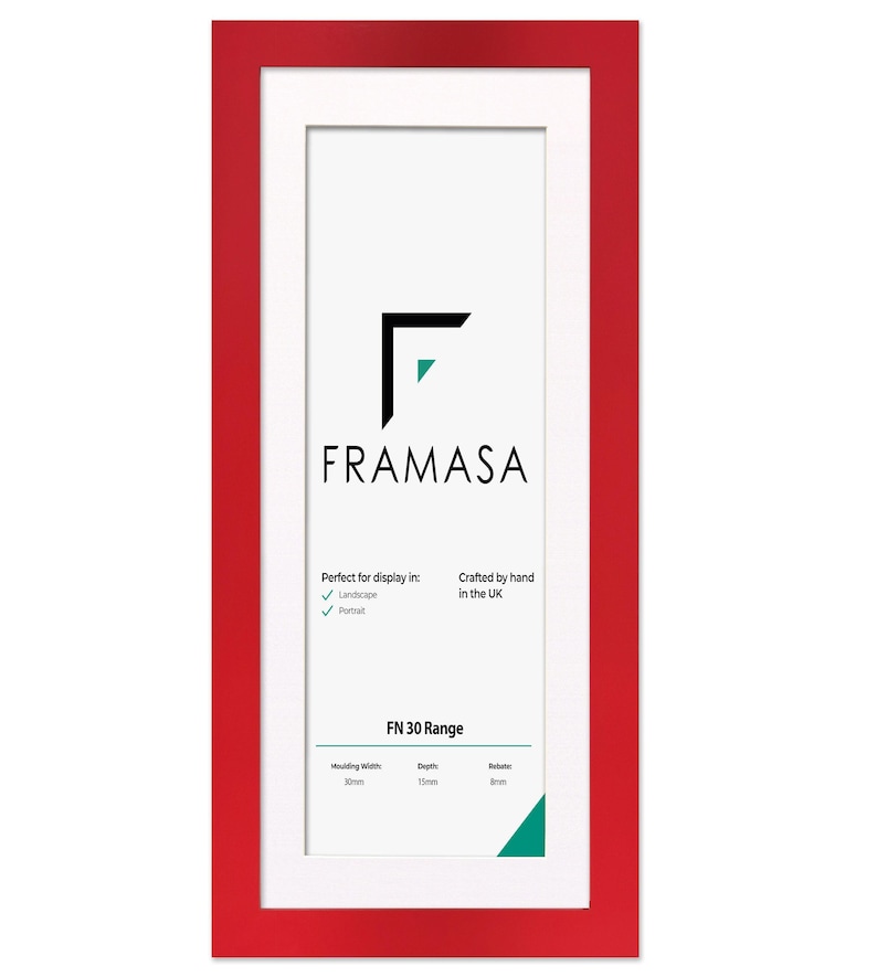 Panoramic Red flat wooden photo frame With White Matt on a white background, handcrafted in the UK. Versatile picture frame and poster frame suitable for landscape or portrait display, ideal for Panoramic photos and modern home decor wall art