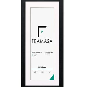 Panoramic Ash Black flat wooden photo frame With White Matt on a white background, handcrafted in the UK. Versatile picture frame and poster frame suitable for landscape or portrait display, ideal for Panoramic photos and modern home decor wall art