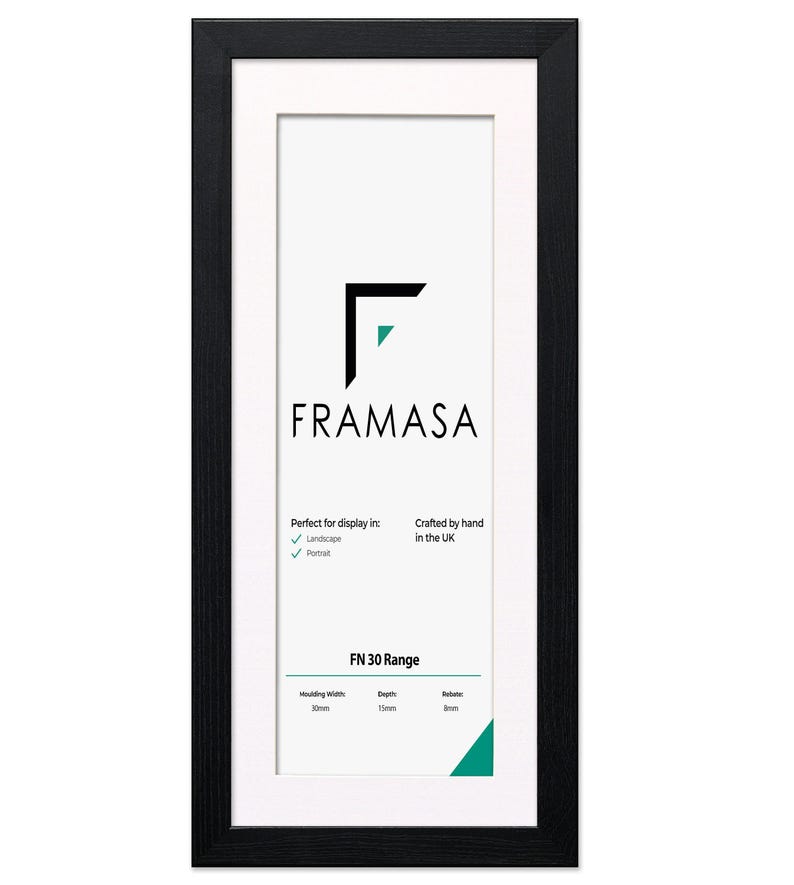 Panoramic Ash Black flat wooden photo frame With White Matt on a white background, handcrafted in the UK. Versatile picture frame and poster frame suitable for landscape or portrait display, ideal for Panoramic photos and modern home decor wall art