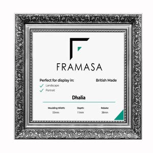 Ornate silver square picture frame with intricate vintage detailing, ideal as a poster frame, photo frame, or wall art frame. UK made design perfect for home decor, office decor, gallery wall displays, landscape or portrait prints, adding a classic elegant touch to any space