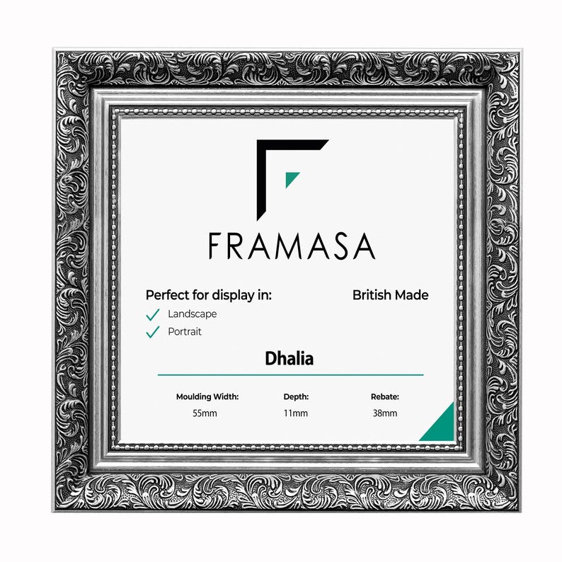 Ornate silver square picture frame with intricate vintage detailing, ideal as a poster frame, photo frame, or wall art frame. UK made design perfect for home decor, office decor, gallery wall displays, landscape or portrait prints, adding a classic elegant touch to any space