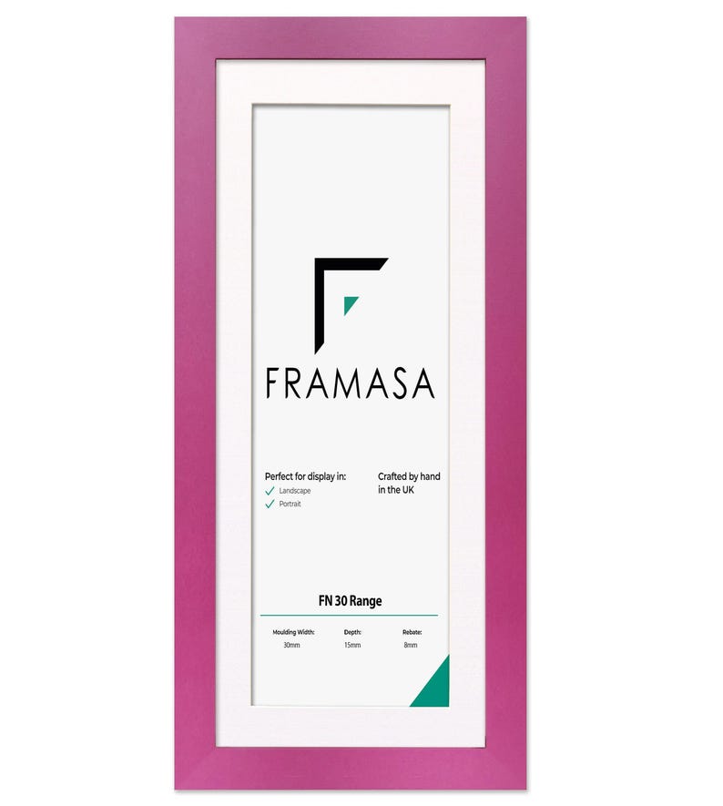 Panoramic Pink flat wooden photo frame With White Matt on a white background, handcrafted in the UK. Versatile picture frame and poster frame suitable for landscape or portrait display, ideal for Panoramic photos and modern home decor wall art