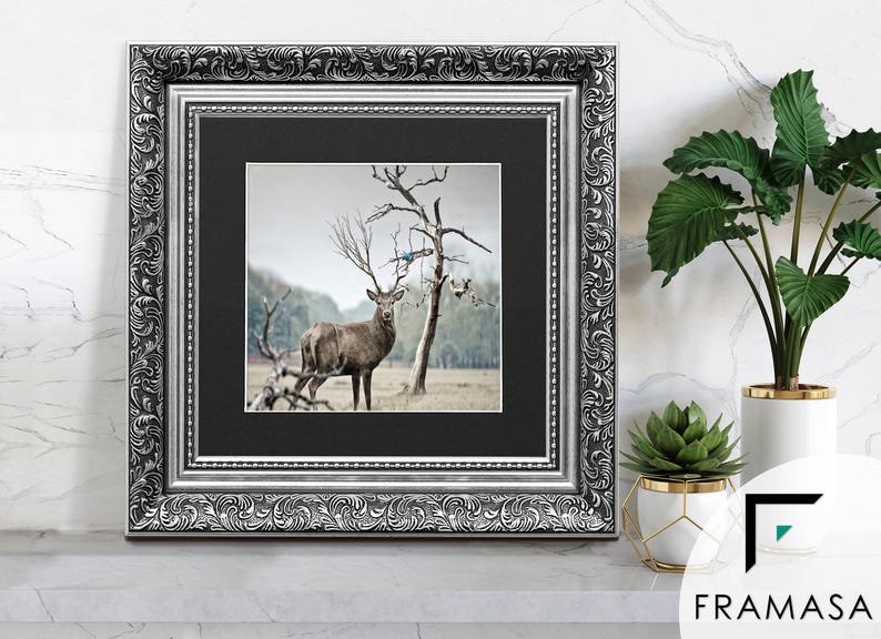 Traditional Ornate silver square picture frame with black mount & vintage detailing displaying wildlife wall art on light grey surface, styled as elegant home decor. perfect for living room decor, office decor, farmhouse decor, and classic gallery wall styling
