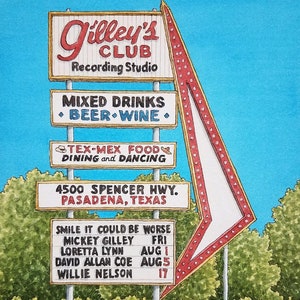 Di Gilley. 8,5" x 11". Pasadena Texas. Pittura ad acquerello. Stampa d'arte. Honky Tonks. Giunti di birra. Houston Art. Jim Koehn Art. Musica dal vivo.