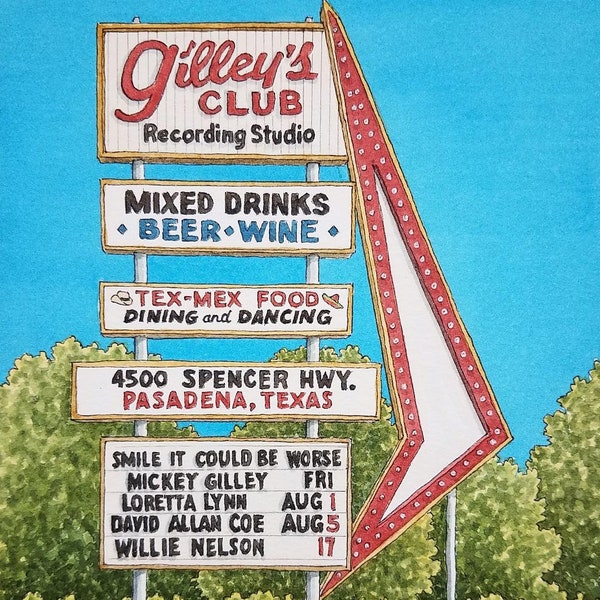 Gilley's. 8.5" x 11". Pasadena Texas. Watercolor Painting. Art Print. Honky Tonks. Beer Joints. Houston Art. Jim Koehn Art. Live Music.