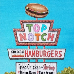 Hamburger top Notch. 5" x 7". Austin Texas. Pittura ad acquerello. Stampa d'arte. Burger Joints. Austin Nord. Stordito e Confuso. Jim Koehn Arte