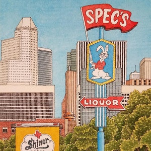 Spec es Liquor Warehouse. 5 "x 7". Houston (Texas). Aquarell-Malerei. Kunstdruck. Jim Koehn Art. Straßen von Houston. Downtown Houston.