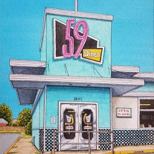 59 Diner. 8.5&quot; x 11&quot;. Houston Texas. Watercolor Painting. Art Print. 24 Hour Diner. Houston Art. Montrose. Jim Koehn Art. Streets of Houston