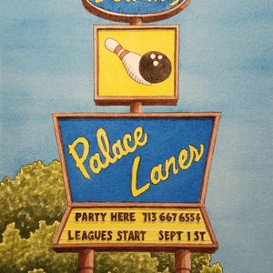 Corsie di Palazzo. 8,5" x 11". Houston Texas. Pittura ad acquerello. Stampare. Bowling. Houston Acquerelli. Jim Koehn Art. Bowling. Bellaire TX