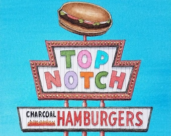 May include: A retro-style diner sign with the words "Top Notch" in colorful letters. The sign also says "Charcoal Hamburgers", "Fried Chicken & Shrimp", "Dining Room", and "Curb Service". A cartoon burger sits on top of the sign.