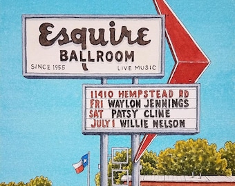 Esquire Ballroom. 8.5" x 11". Houston Texas. Watercolor Painting. Art Print. Honky Tonks. Patsy Cline. Willie. Houston Art. Jim Koehn Art.