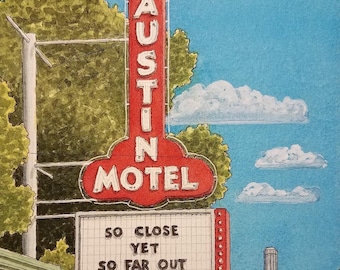 Austin Motel. 5" x 7". Austin Texas. Watercolor Painting. Art Print. South Congress. Backroads and Main Streets of Texas. Jim Koehn Art