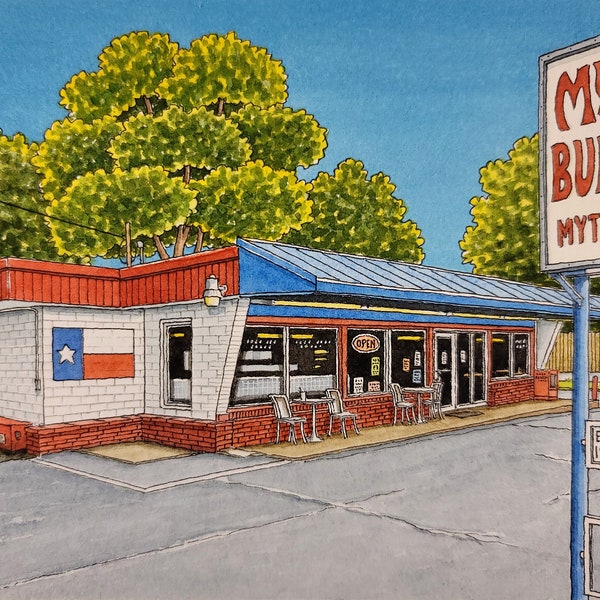 Myti Burger. 8.5" x 11". Houston Texas. Watercolor Painting. Art Print. Burger Joints. Oak Forest. Streets of Houston. Jim Koehn Art.