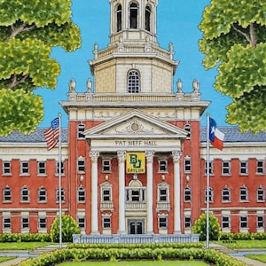 Università di Baylor. 5" x 7". Waco, Texas. Pittura ad acquerello. Stampa artistica su carta 6" x 8". Sala Pat Neff. Jim Koehn Arte. Texas. Orsi Baylor.