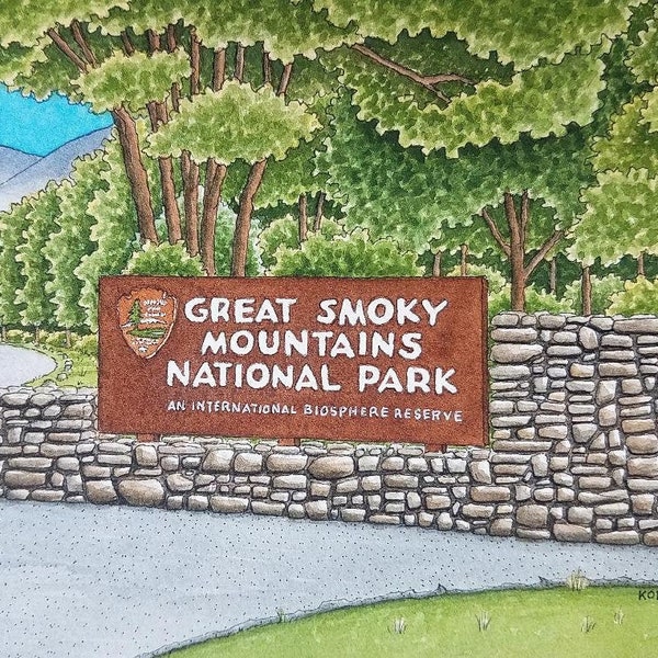 Great Smoky Mtns National Park. 5" x 7". NC-TN. Watercolor Painting. Art Print. Jim Koehn Art. National Park Signage. Travel. Gatlinburg