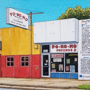 Po-No-Mo Records. 5 » x 7 ». Houston Texas. Peinture à l’aquarelle. Impression d’art. Magasin de disques. Cinquième paroisse. Lyons Ave. Jim Koehn Art.