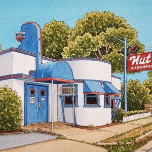 Hut's Hamburgers. 8.5 x 11. Austin Texas. Watercolor Painting. Art Print. Burger Joints. Backroads of Texas. Austin Art. Jim Koehn Art. image 1