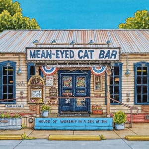 Puede incluir: Una pintura de acuarela de un bar llamado "Mean-Eyed Cat Bar" con una puerta azul y un letrero que dice "House of Worship in a Den of Sin".