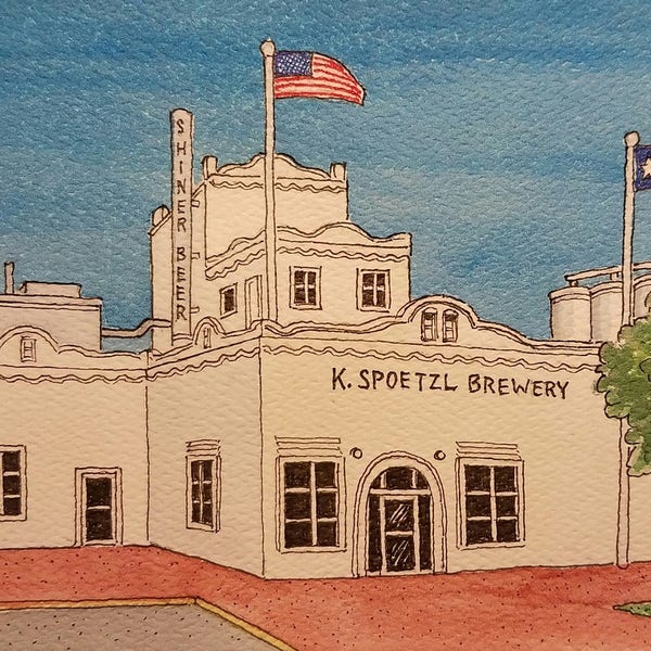 Spoetzl Brewery. 5" x 7". Shiner, Texas. Shiner Beer. Watercolor Painting. Texas Beer. Beer Art. Brewery. Jim Koehn Art. Shiner Bock. Beer.