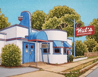 May include: A watercolour painting of a retro diner with a blue and white exterior. The diner has a large sign that reads "Hut's Hamburgers". There are trees and bushes surrounding the diner.