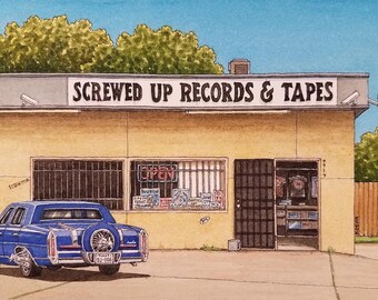 Screwed Up Records & Tapes. 5" x 7". Houston Texas. Watercolor Painting. Art Print. DJ Screw. Screwed Up Click. Houston Music. Jim Koehn Art