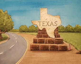 Lone Star State Line. 8,5" x 11". Malarstwo akwarelowe. Wydruki. Teksas. Akwarela z Teksasu. Piwo Lone Star. Sztuka Jima Koehna. Backroads of Texas.