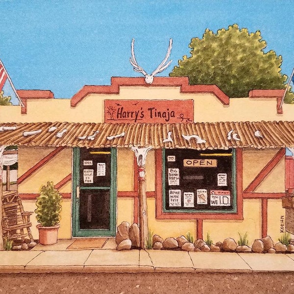 Harry's Tinaja. 5" x 7". Alpine, Texas. Watercolor Painting. Art Print. Jim Koehn Art. West Texas Art. Travel. Big Bend Country. Beer Joint.