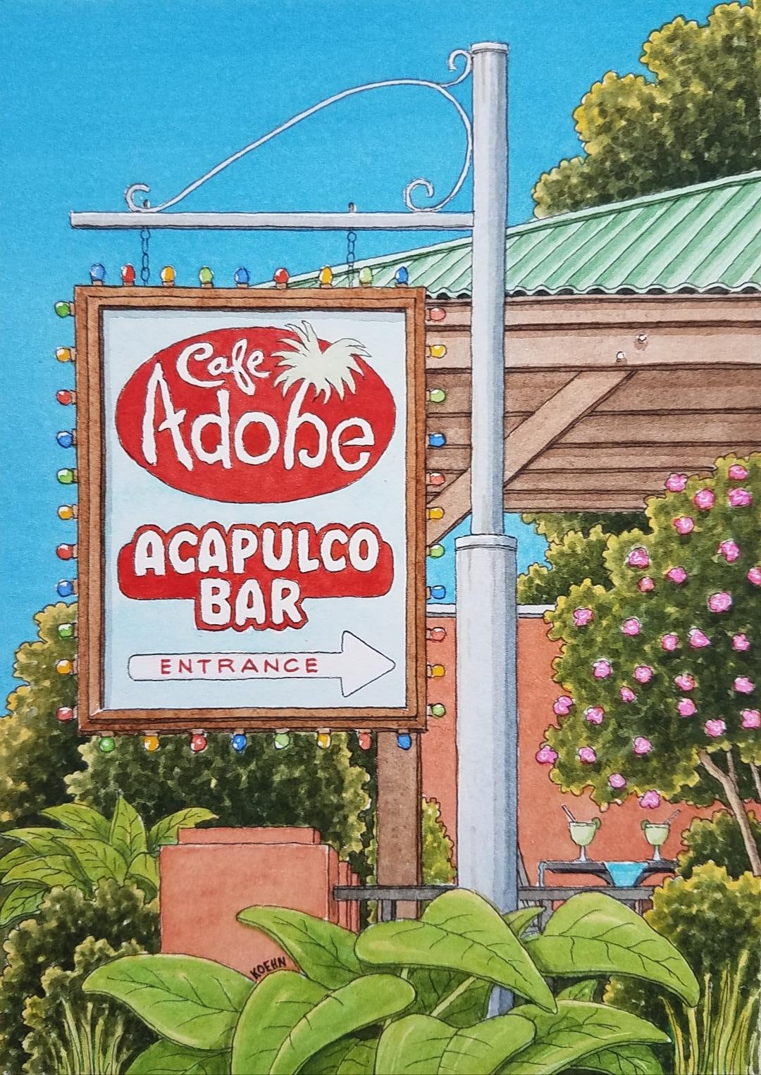 Cafe Adobe. 8.5" x 11". Houston Texas. Watercolor Painting. Art Print. River Oaks. Montrose. Tex-Mex. Jim Koehn Art. Streets of Houston